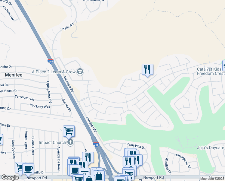 map of restaurants, bars, coffee shops, grocery stores, and more near 28006 Panorama Hills Drive in Menifee