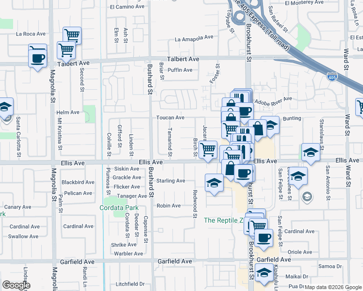 map of restaurants, bars, coffee shops, grocery stores, and more near 9657 Lark Circle in Fountain Valley