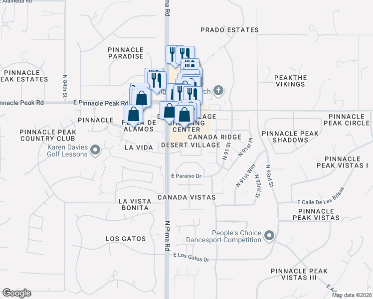map of restaurants, bars, coffee shops, grocery stores, and more near 8832 East Conquistadores Drive in Scottsdale