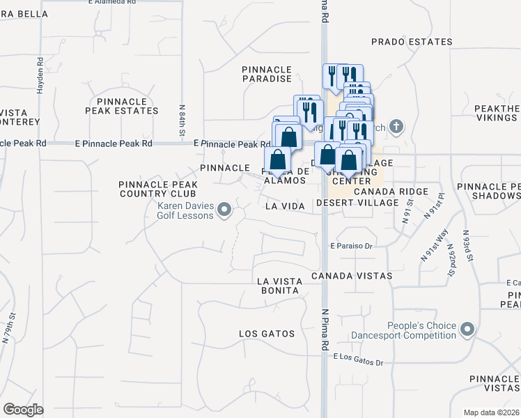 map of restaurants, bars, coffee shops, grocery stores, and more near 8602 East Vista Del Lago in Scottsdale