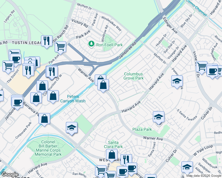 map of restaurants, bars, coffee shops, grocery stores, and more near 15512 Cardamon Way in Tustin