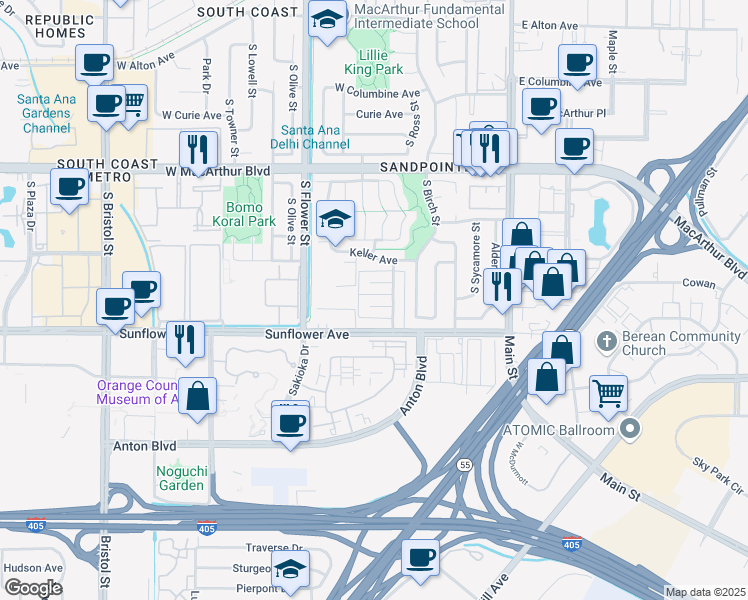 map of restaurants, bars, coffee shops, grocery stores, and more near 421 Nobel Avenue in Santa Ana