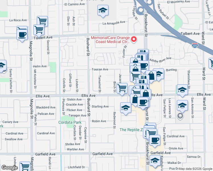 map of restaurants, bars, coffee shops, grocery stores, and more near 9667 Dove Circle in Fountain Valley