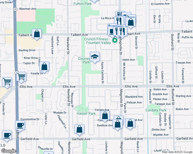 map of restaurants, bars, coffee shops, grocery stores, and more near 18313 Santa Carlotta Street in Fountain Valley