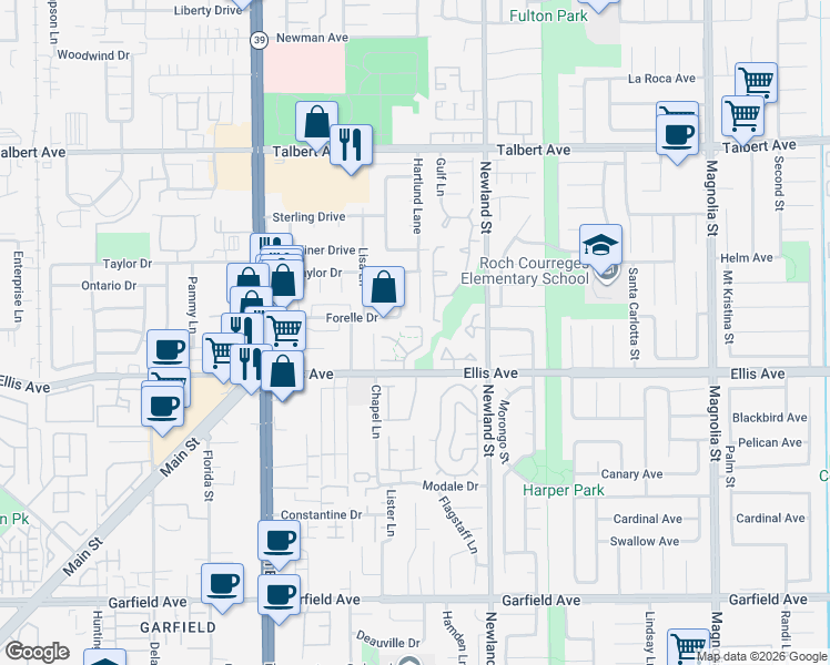map of restaurants, bars, coffee shops, grocery stores, and more near 18352 Hartlund Lane in Huntington Beach