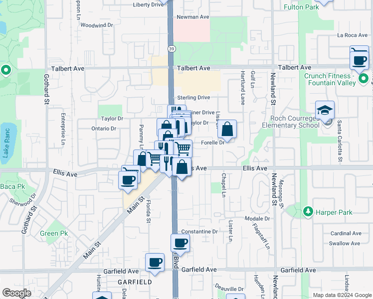 map of restaurants, bars, coffee shops, grocery stores, and more near 18352 Beach Boulevard in Huntington Beach