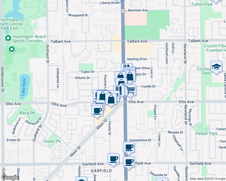 map of restaurants, bars, coffee shops, grocery stores, and more near 18361 Beach Boulevard in Huntington Beach
