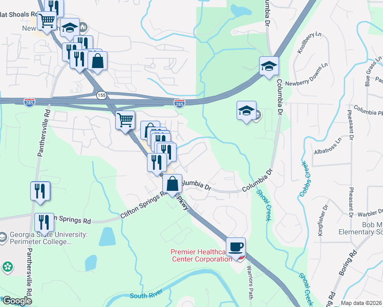 map of restaurants, bars, coffee shops, grocery stores, and more near 3800 Flat Shoals Parkway in Decatur