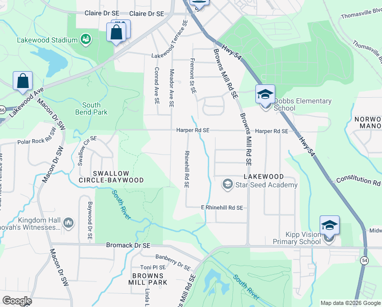 map of restaurants, bars, coffee shops, grocery stores, and more near 2140 Rhinehill Road Southeast in Atlanta