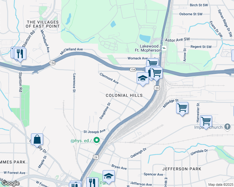 map of restaurants, bars, coffee shops, grocery stores, and more near 1408 Clermont Avenue in East Point
