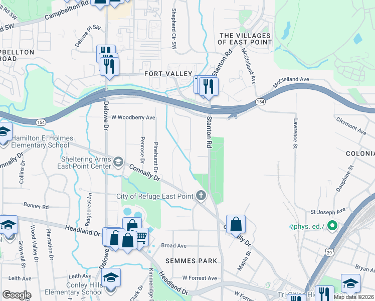 map of restaurants, bars, coffee shops, grocery stores, and more near 2156 Pointview Drive in East Point