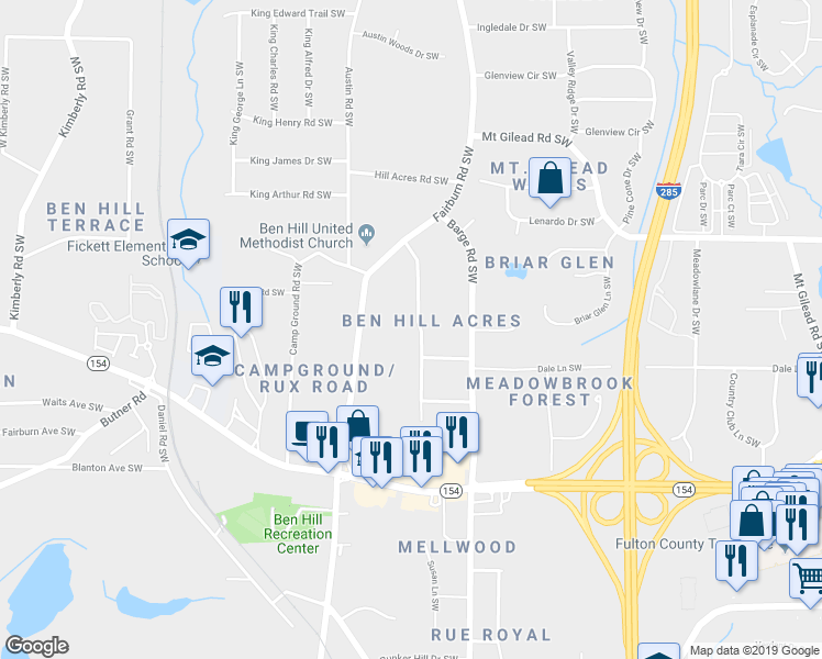 map of restaurants, bars, coffee shops, grocery stores, and more near 2141-2147 Pemberton Road Southwest in Atlanta
