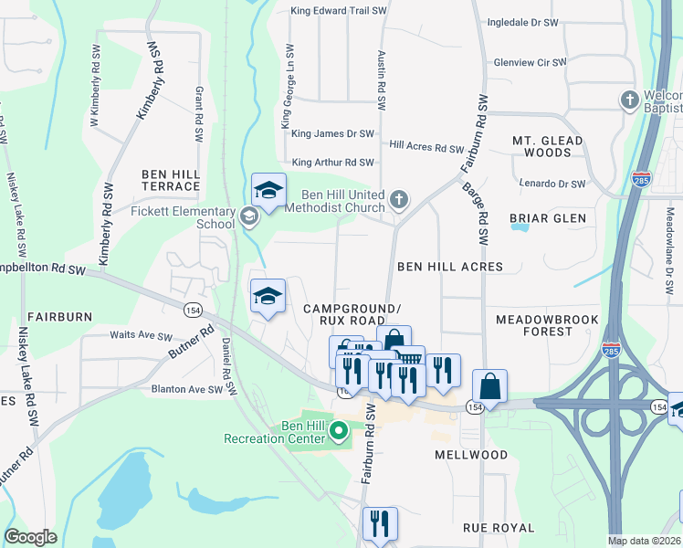 map of restaurants, bars, coffee shops, grocery stores, and more near 2148 Camp Ground Road Southwest in Atlanta