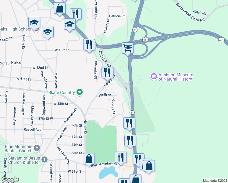 map of restaurants, bars, coffee shops, grocery stores, and more near 120 U.S. 431 in Anniston