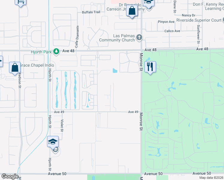 map of restaurants, bars, coffee shops, grocery stores, and more near 48593 Anastacia Court in Indio