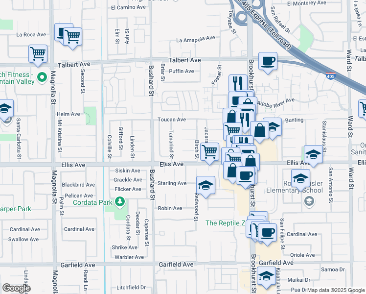 map of restaurants, bars, coffee shops, grocery stores, and more near 9657 Lark Circle in Fountain Valley
