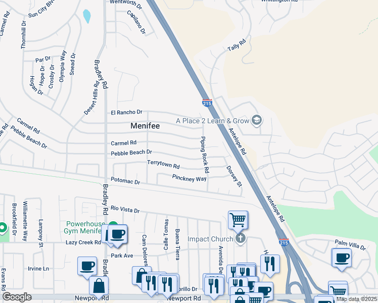 map of restaurants, bars, coffee shops, grocery stores, and more near 30041 Thornhill Drive in Menifee