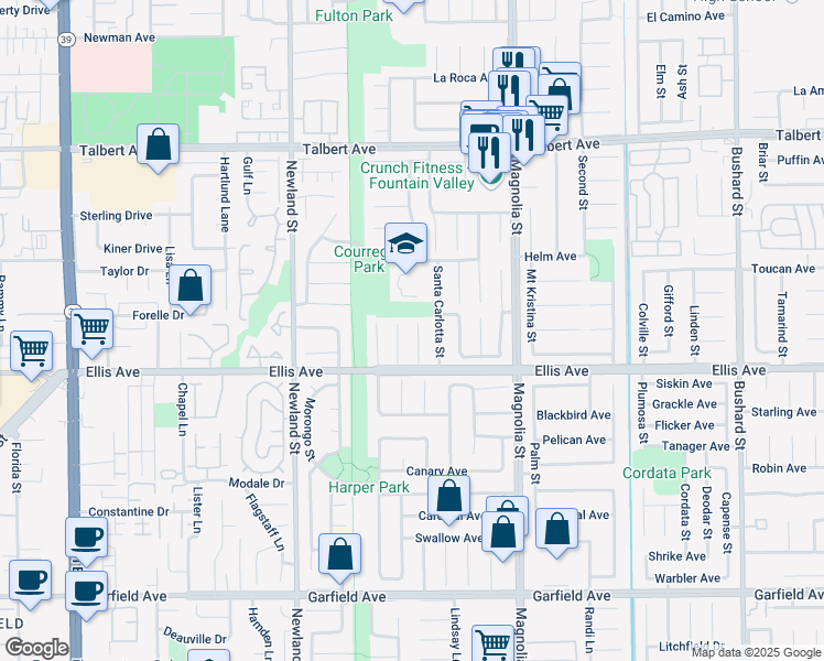 map of restaurants, bars, coffee shops, grocery stores, and more near 18313 Santa Carlotta Street in Fountain Valley