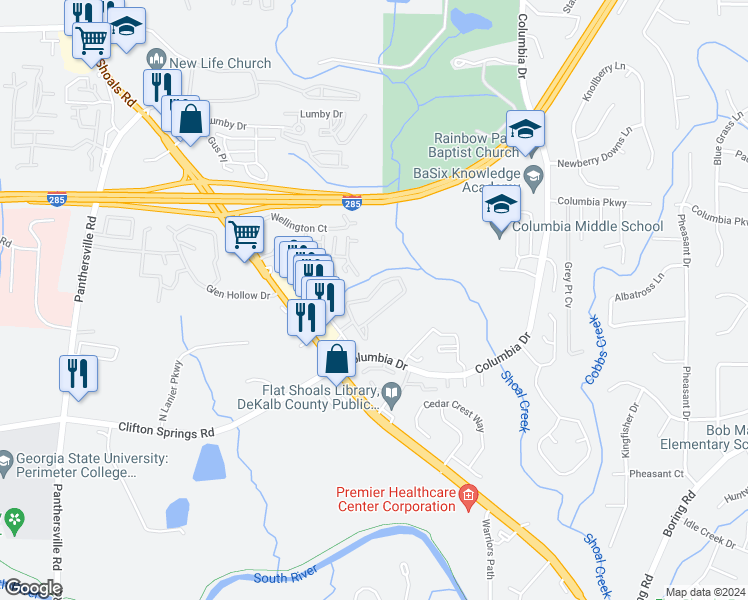 map of restaurants, bars, coffee shops, grocery stores, and more near 3800 Flat Shoals Parkway in Decatur