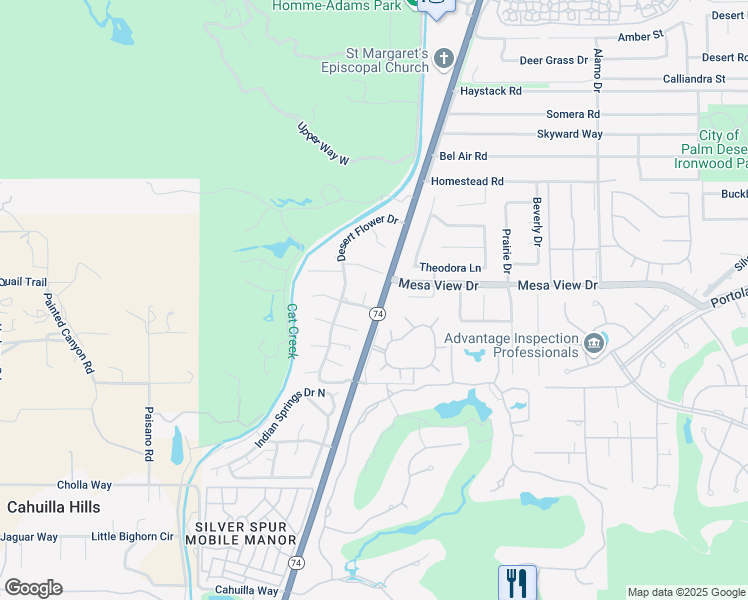 map of restaurants, bars, coffee shops, grocery stores, and more near 72405 Ridgecrest Lane in Palm Desert
