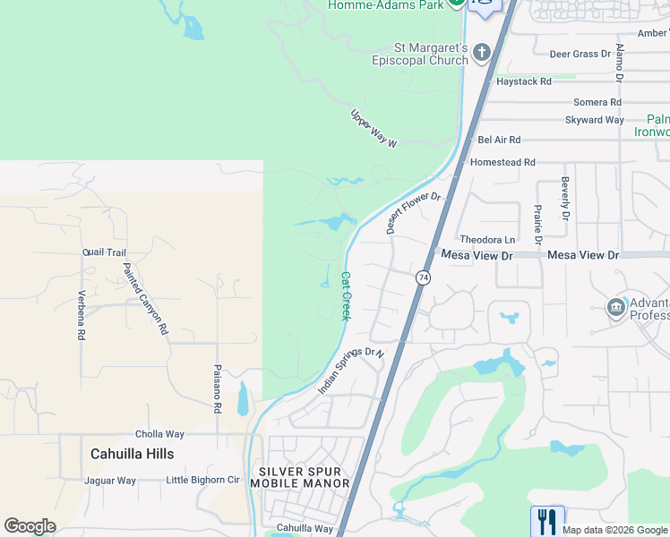 map of restaurants, bars, coffee shops, grocery stores, and more near 72335 Bajada Trail in Palm Desert