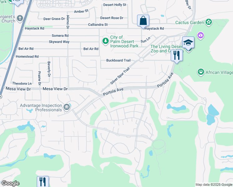 map of restaurants, bars, coffee shops, grocery stores, and more near 73323 Boxthorn Lane in Palm Desert