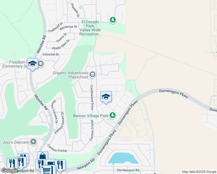 map of restaurants, bars, coffee shops, grocery stores, and more near 29601 Tulipwood Street in Menifee