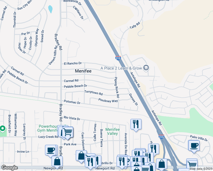 map of restaurants, bars, coffee shops, grocery stores, and more near 30097 Carmel Road in Menifee