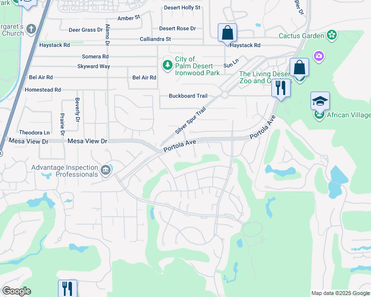 map of restaurants, bars, coffee shops, grocery stores, and more near 73323 Boxthorn Lane in Palm Desert