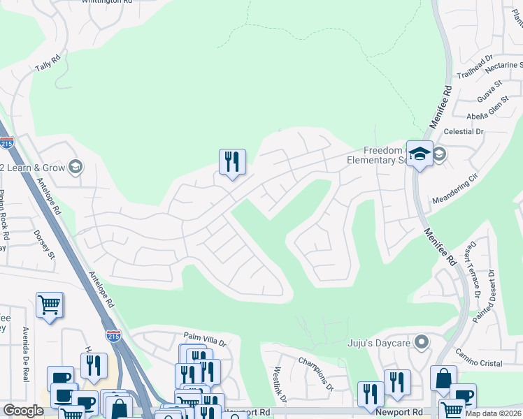 map of restaurants, bars, coffee shops, grocery stores, and more near 28368 Raintree Drive in Menifee