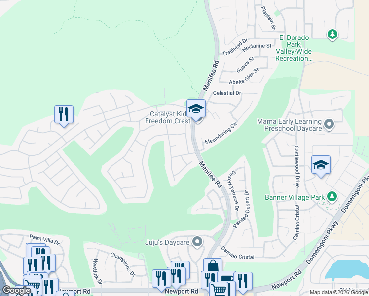 map of restaurants, bars, coffee shops, grocery stores, and more near 29245 Paradise Canyon Drive in Menifee