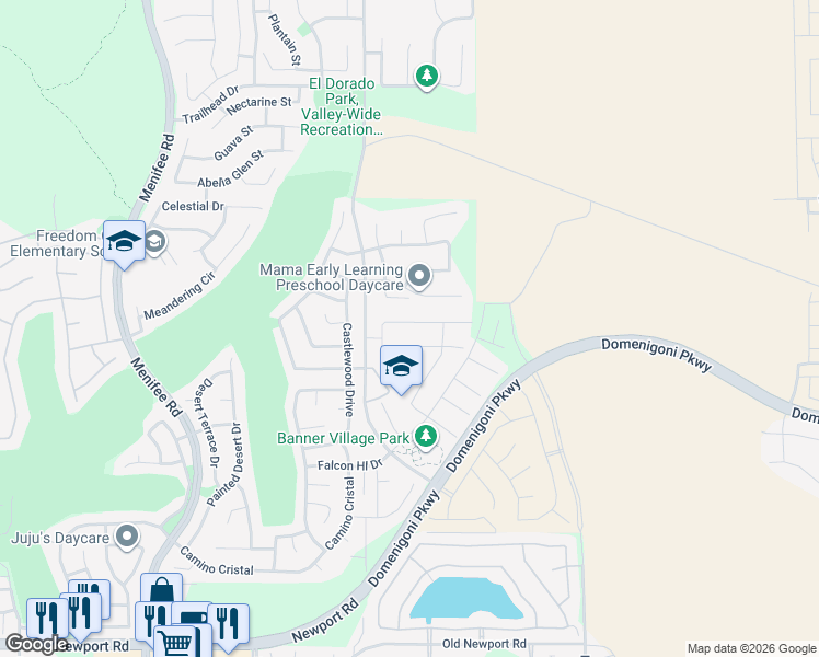 map of restaurants, bars, coffee shops, grocery stores, and more near 29601 Tulipwood Street in Menifee