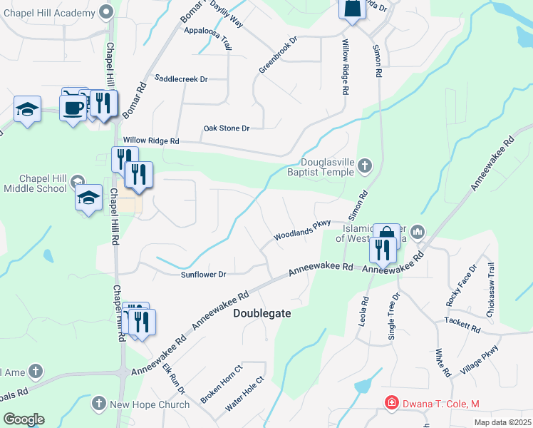 map of restaurants, bars, coffee shops, grocery stores, and more near 4066 Harvest Ridge Drive in Douglasville