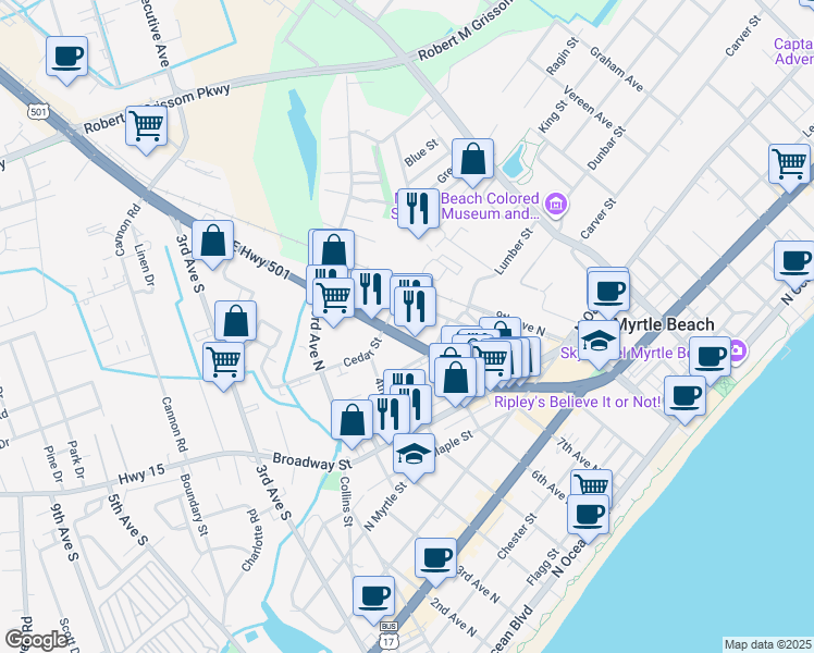 map of restaurants, bars, coffee shops, grocery stores, and more near 1000 U.S. 501 in Myrtle Beach