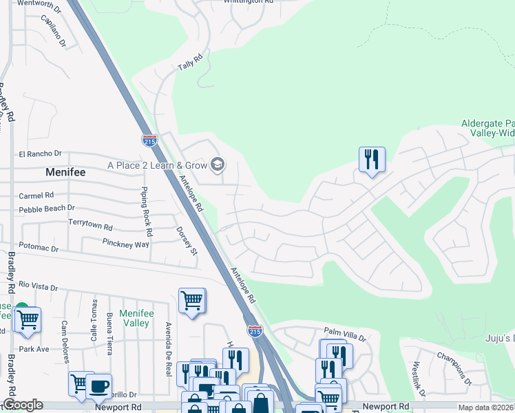 map of restaurants, bars, coffee shops, grocery stores, and more near 27837 Bluff Vista Way in Menifee