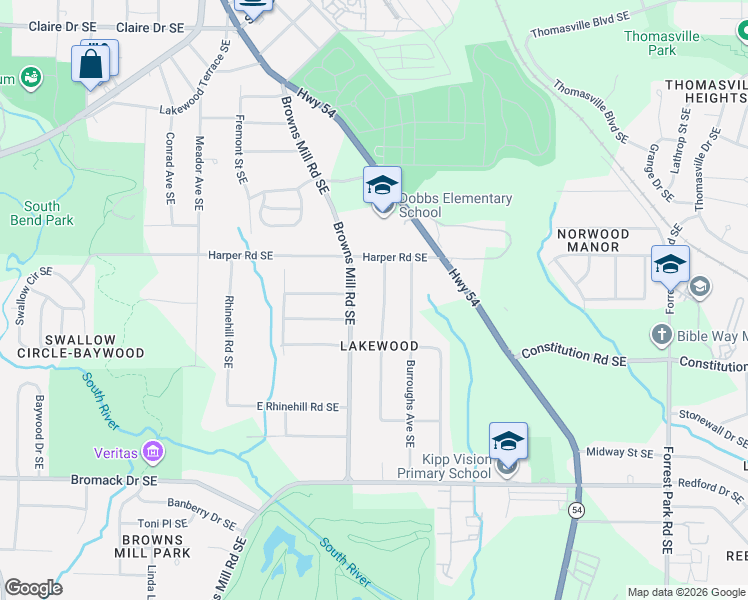 map of restaurants, bars, coffee shops, grocery stores, and more near 2126 Browns Mill Road Southeast in Atlanta