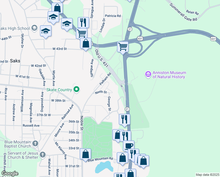 map of restaurants, bars, coffee shops, grocery stores, and more near 120 U.S. 431 in Anniston