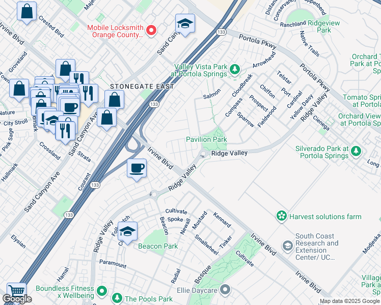 map of restaurants, bars, coffee shops, grocery stores, and more near 216 Wicker in Irvine