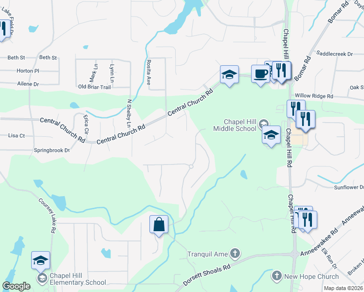 map of restaurants, bars, coffee shops, grocery stores, and more near 4002 Joshua Lane in Douglasville