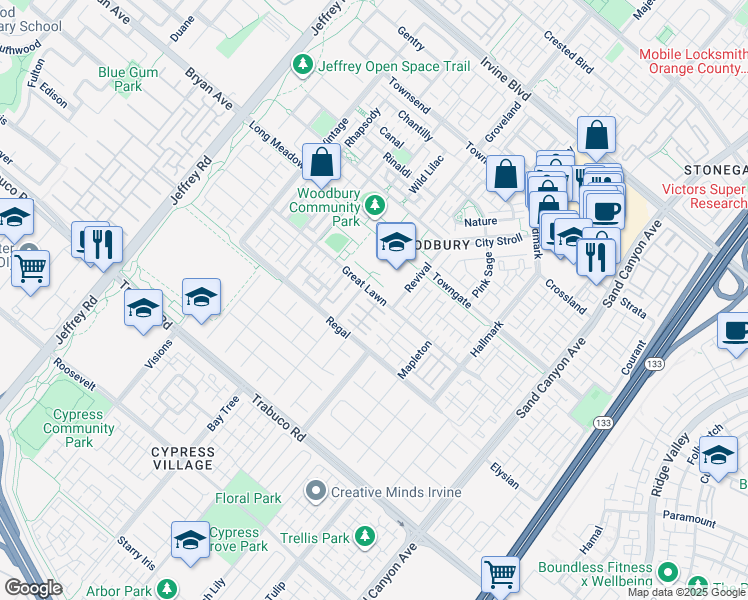 map of restaurants, bars, coffee shops, grocery stores, and more near 61 Donovan in Irvine