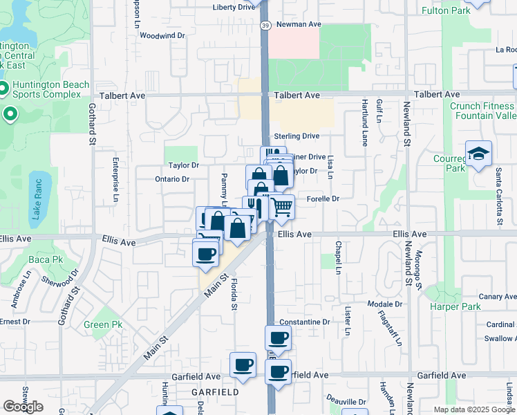 map of restaurants, bars, coffee shops, grocery stores, and more near 18377 Beach Boulevard in Huntington Beach