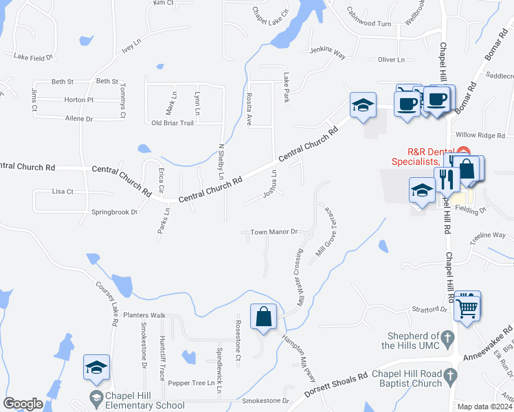 map of restaurants, bars, coffee shops, grocery stores, and more near 4042 Joshua Lane in Douglasville
