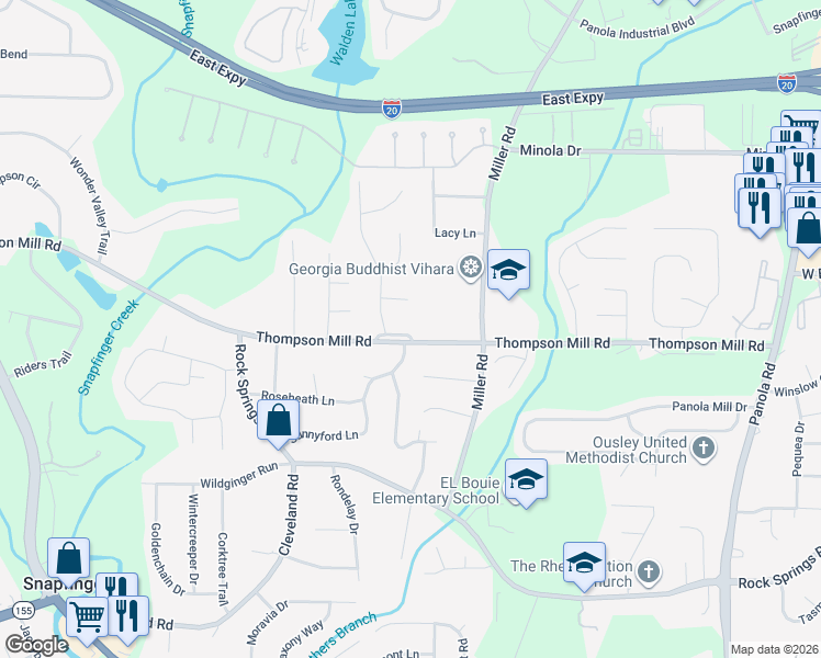 map of restaurants, bars, coffee shops, grocery stores, and more near 4929 Stratford Mill Court in Stonecrest