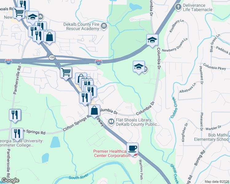 map of restaurants, bars, coffee shops, grocery stores, and more near 2837 Vining Ridge Terrace in Decatur