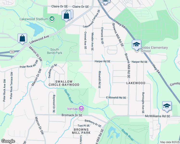 map of restaurants, bars, coffee shops, grocery stores, and more near 2135 Meador Avenue Southeast in Atlanta