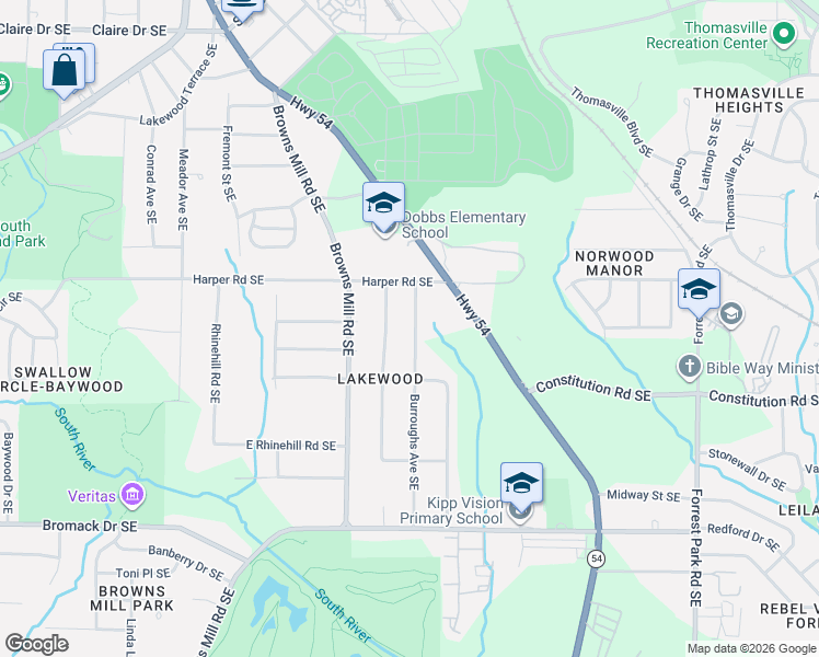 map of restaurants, bars, coffee shops, grocery stores, and more near 2130 Jernigan Drive Southeast in Atlanta