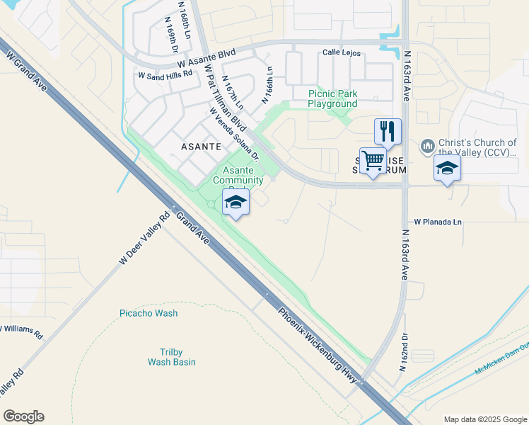 map of restaurants, bars, coffee shops, grocery stores, and more near 23251 North 166th Drive in Surprise