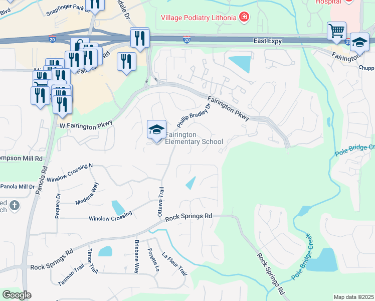map of restaurants, bars, coffee shops, grocery stores, and more near 5615 Fair Creek Way in Stonecrest