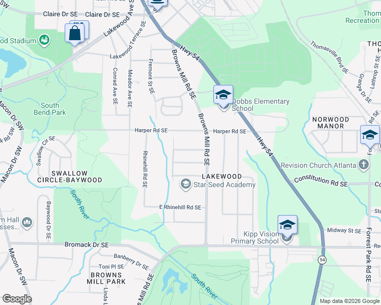 map of restaurants, bars, coffee shops, grocery stores, and more near 425 Thaxton Drive Southeast in Atlanta