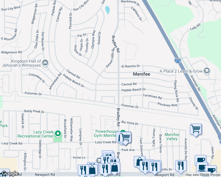 map of restaurants, bars, coffee shops, grocery stores, and more near 29590 Carmel Road in Menifee